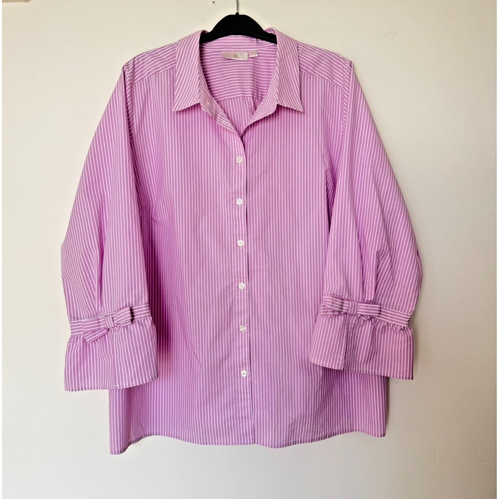 Kim Gravel Tunic Shirt Plus size 3X Cotton Pink Stripes Fitted Long Sleeve Bow
